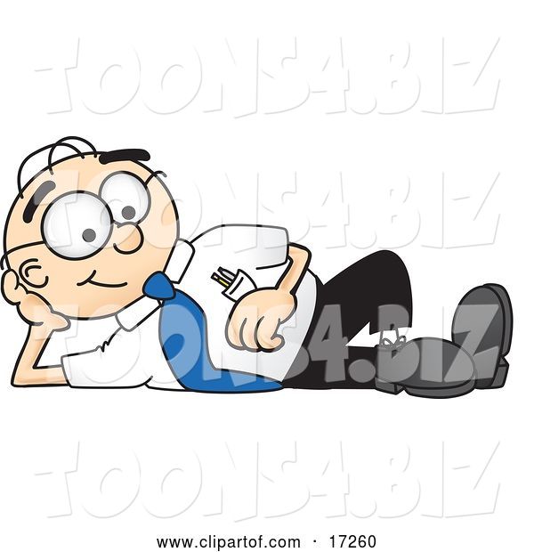 Vector Illustration of a Cartoon White Businessman Nerd Mascot Reclining and Resting His Head on His Hand