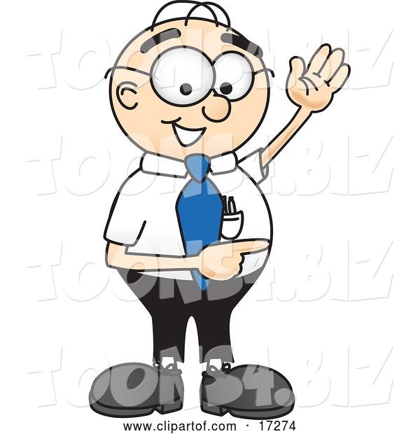 Vector Illustration of a Cartoon White Businessman Nerd Mascot Waving and Pointing to the Right