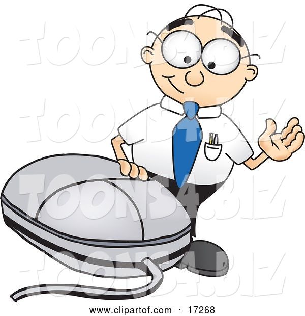Vector Illustration of a Cartoon White Businessman Nerd Mascot Waving and Standing by a Computer Mouse