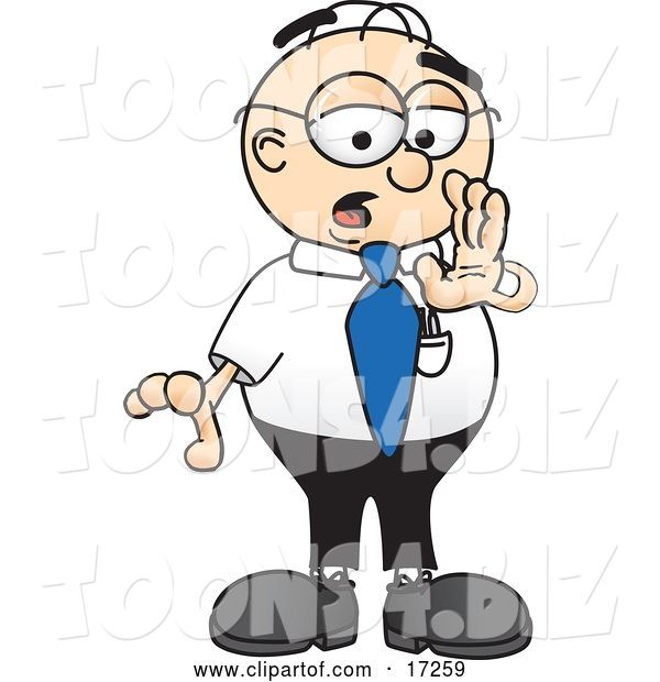 Vector Illustration of a Cartoon White Businessman Nerd Mascot Whispering and Gossiping