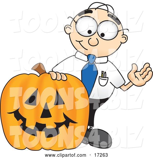 Vector Illustration of a Cartoon White Businessman Nerd Mascot with a Carved Halloween Pumpkin