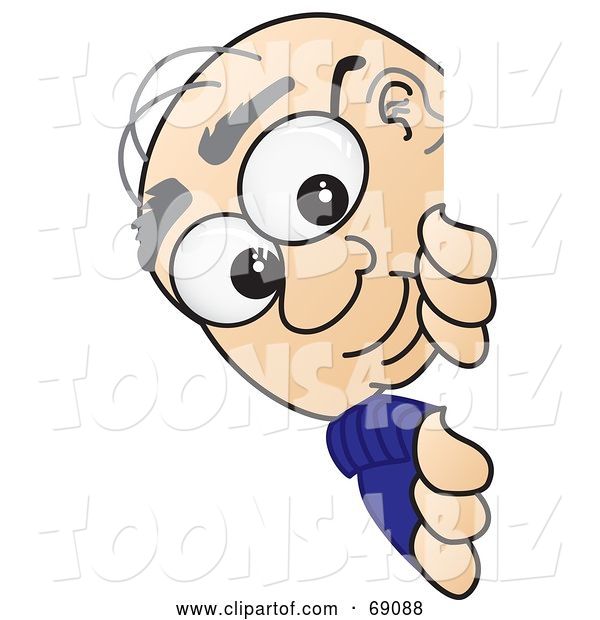 Vector Illustration of a Cartoon White Male Senior Citizen Mascot Looking Around a Sign
