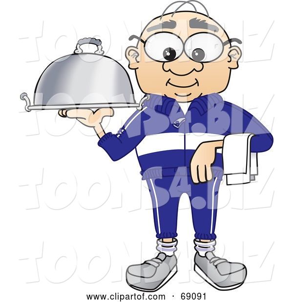 Vector Illustration of a Cartoon White Male Senior Citizen Mascot Serving a Platter