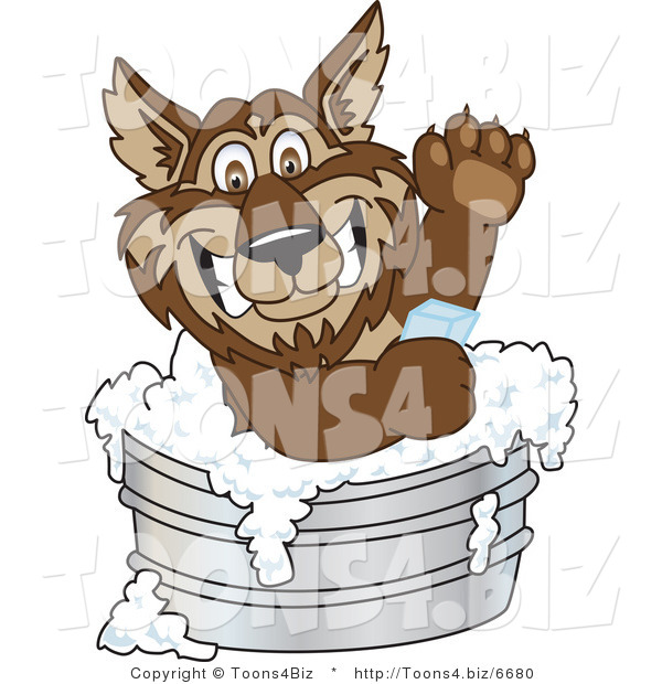 Vector Illustration of a Cartoon Wolf Mascot Bathing with Soap in a Metal Tub
