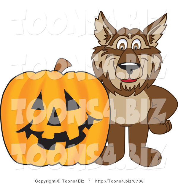 Vector Illustration of a Cartoon Wolf Mascot by a Halloween Pumpkin