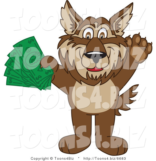 Vector Illustration of a Cartoon Wolf Mascot Holding Money