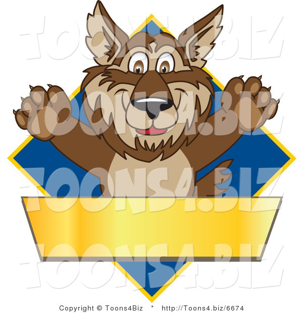 Vector Illustration of a Cartoon Wolf Mascot over a Blue Diamond and Blank Gold Banner