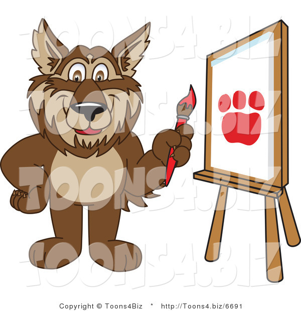 Vector Illustration of a Cartoon Wolf Mascot Painting a Paw Print on Canvas