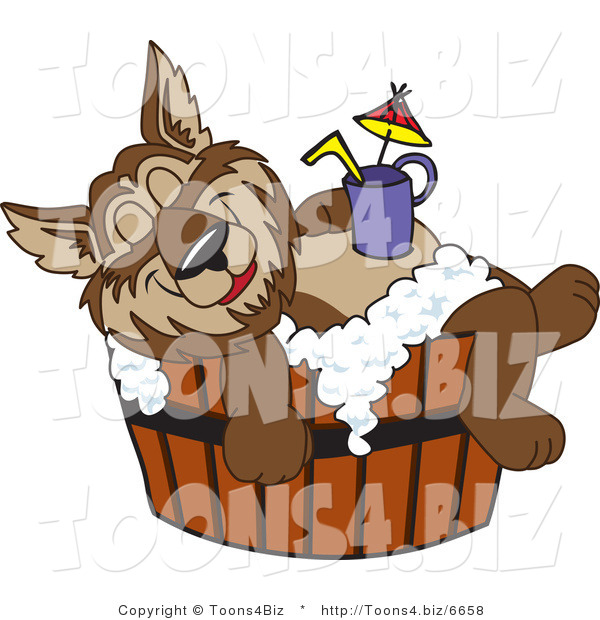 Vector Illustration of a Cartoon Wolf Mascot Relaxing in a Tub with a Drink on His Belly