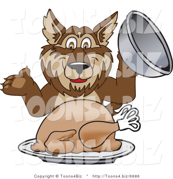 Vector Illustration of a Cartoon Wolf Mascot Serving a Thanksgiving Turkey