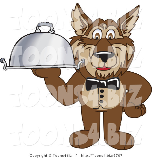 Vector Illustration of a Cartoon Wolf Mascot Waiter Serving a Platter