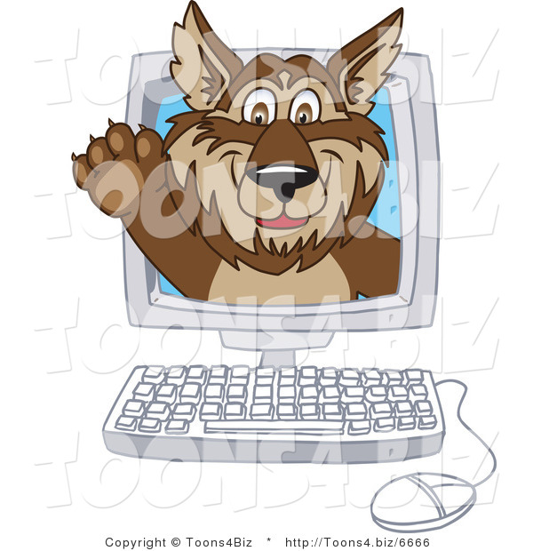 Vector Illustration of a Cartoon Wolf Mascot Waving on a Computer Screen