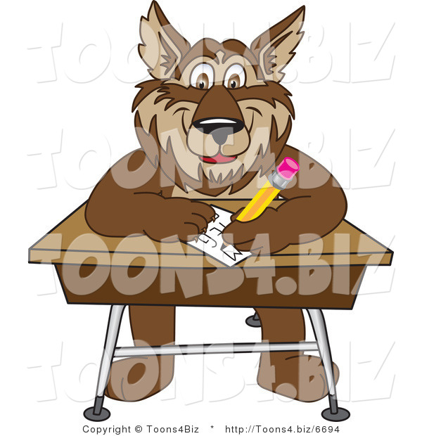 Vector Illustration of a Cartoon Wolf Mascot Writing on a Desk