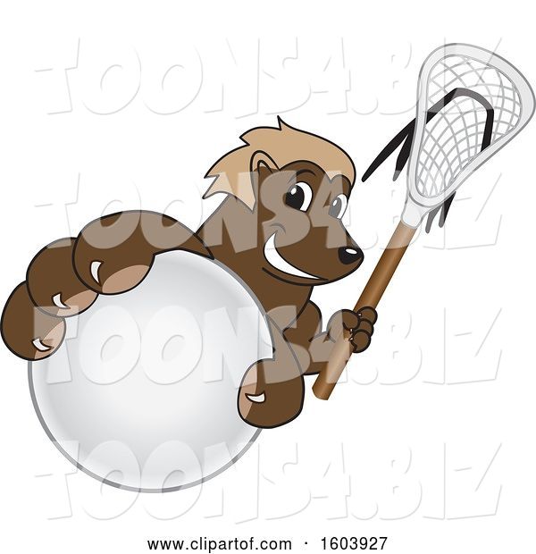Vector Illustration of a Cartoon Wolverine Mascot Holding a Lacrosse Stick and Ball