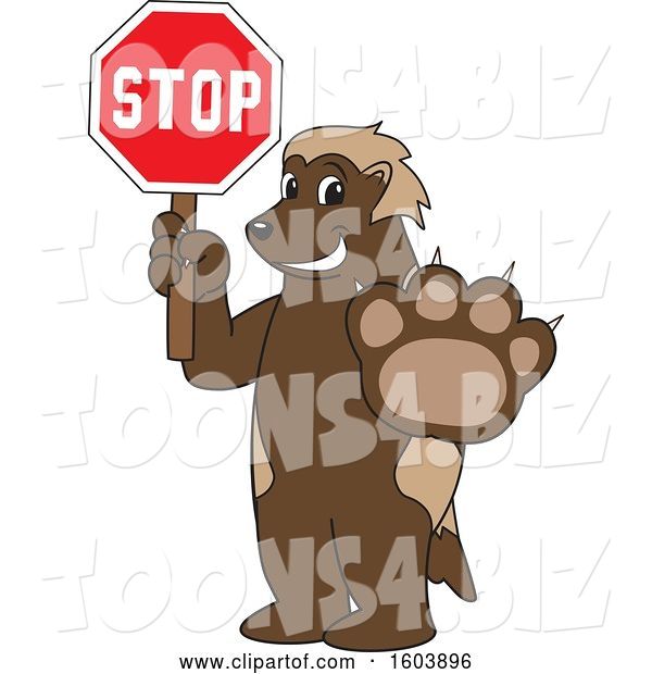 Vector Illustration of a Cartoon Wolverine Mascot Holding a Stop Sign