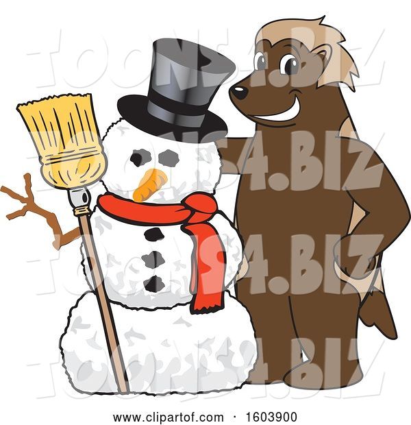 Vector Illustration of a Cartoon Wolverine Mascot with a Christmas Snowman