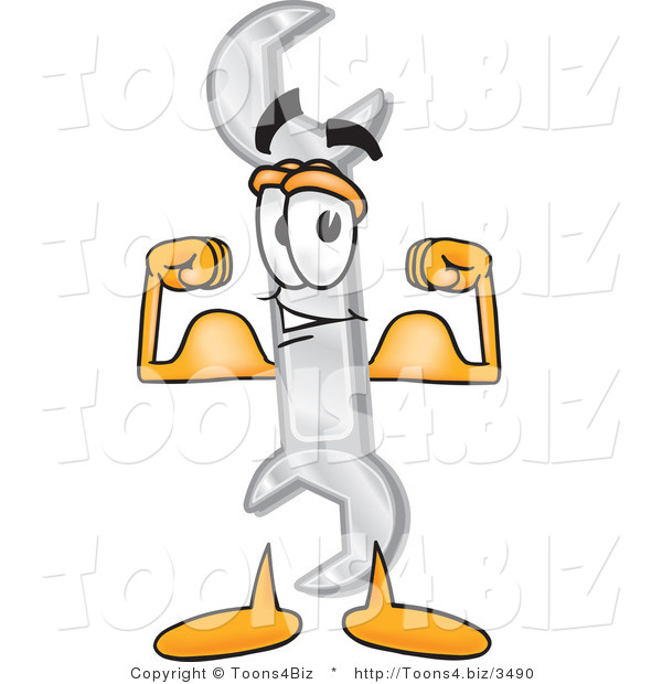Vector Illustration of a Cartoon Wrench Mascot Flexing His Arm Muscles