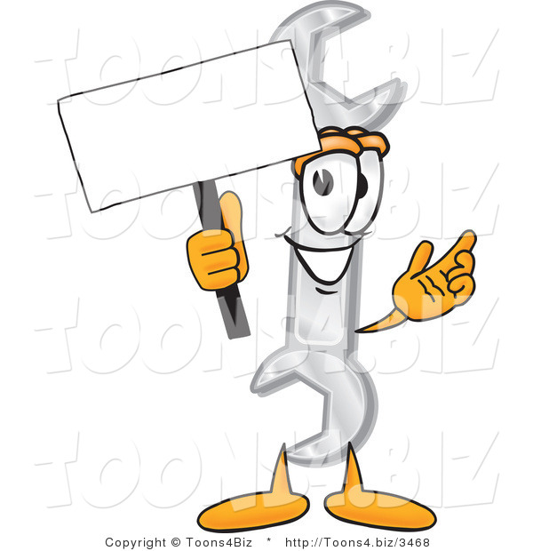 Vector Illustration of a Cartoon Wrench Mascot Holding a Blank Sign