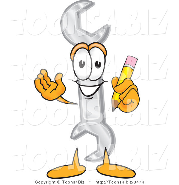 Vector Illustration of a Cartoon Wrench Mascot Holding a Pencil