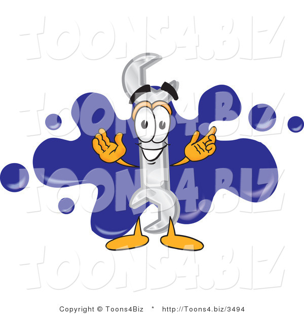 Vector Illustration of a Cartoon Wrench Mascot Logo with a Paint Splatter