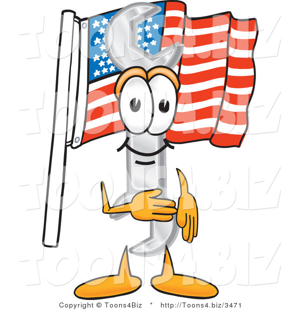 Vector Illustration of a Cartoon Wrench Mascot Pledging Allegiance to an American Flag