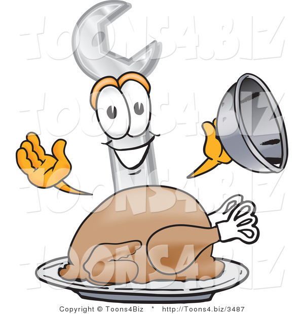 Vector Illustration of a Cartoon Wrench Mascot Serving a Thanksgiving Turkey on a Platter