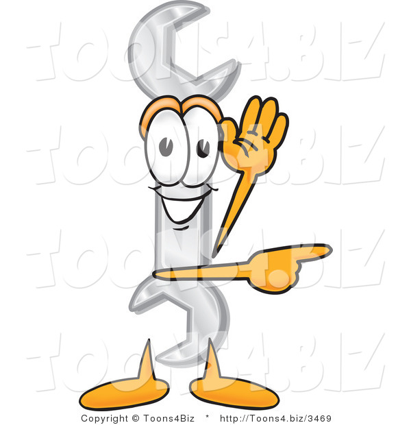 Vector Illustration of a Cartoon Wrench Mascot Waving and Pointing