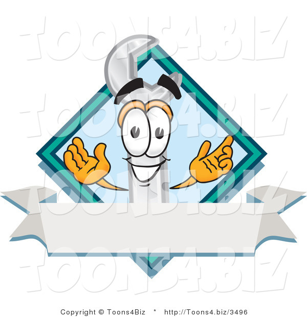 Vector Illustration of a Cartoon Wrench Mascot with a Blank White Label