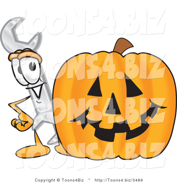 Vector Illustration of a Cartoon Wrench Mascot with a Carved Halloween Pumpkin