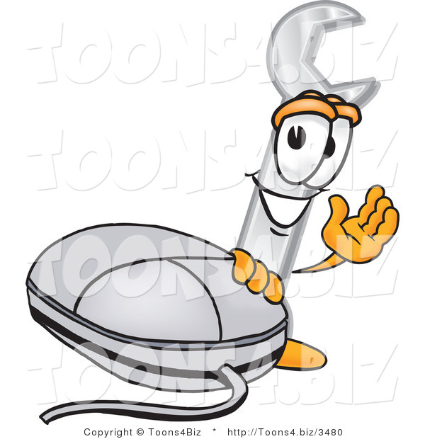 Vector Illustration of a Cartoon Wrench Mascot with a Computer Mouse
