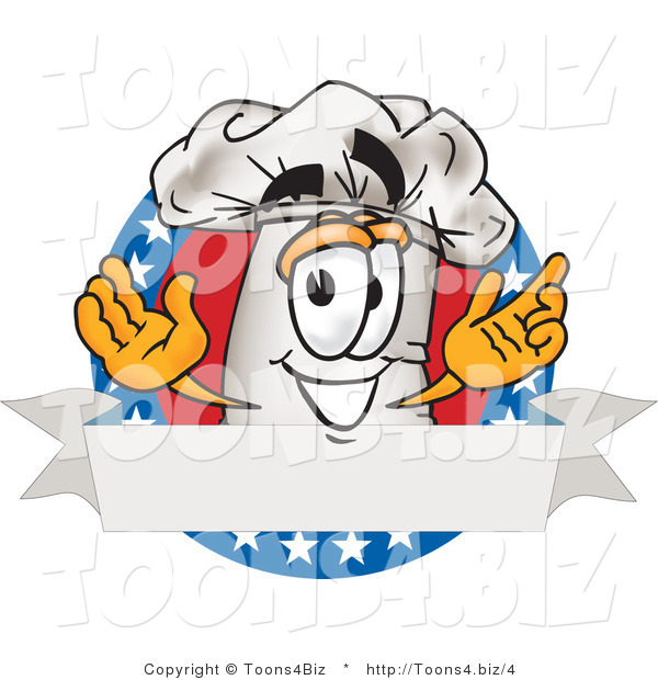 Vector Illustration of a Chef Hat Mascot over a Blank Banner Label with Stars