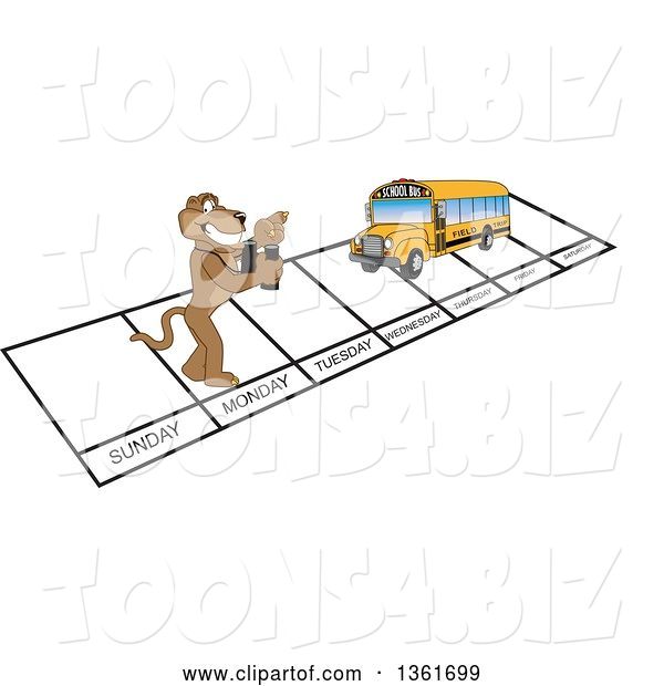 Vector Illustration of a Cougar School Mascot and Bus over Week Days, Symbolizing Being Proactive