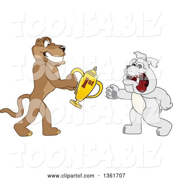 Vector Illustration of a Cougar School Mascot Giving a First Place Trophy to a Bulldog, Symbolizing Teamwork and Sportsmanship