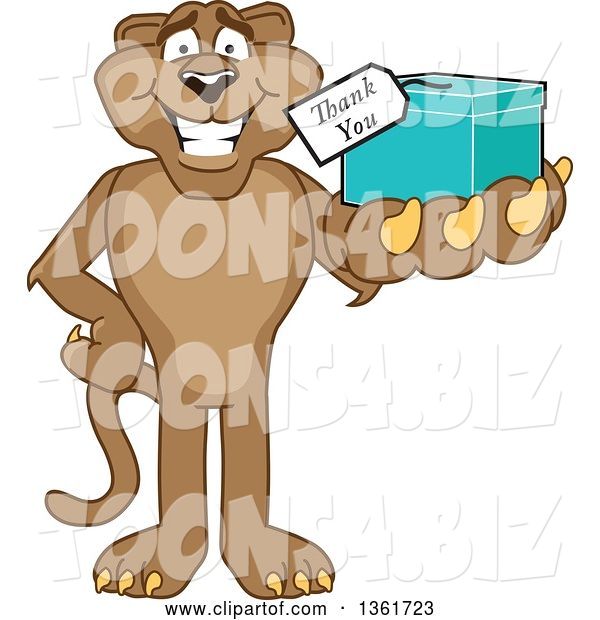 Vector Illustration of a Cougar School Mascot Holding up a Thank You Gift, Symbolizing Gratitude