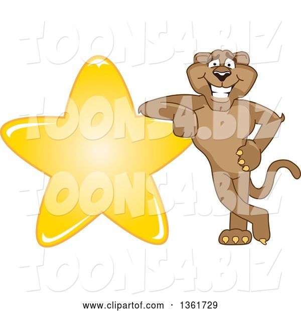 Vector Illustration of a Cougar School Mascot Leaning on a Star, Symbolizing Excellence