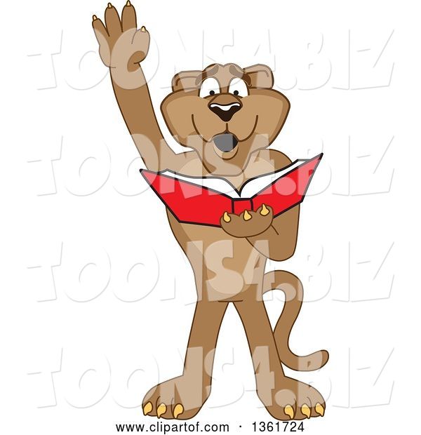 Vector Illustration of a Cougar School Mascot Raising His Hand and Reading a Book, Symbolizing Determination