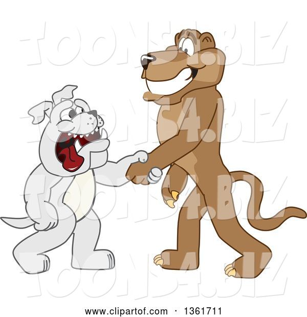 Vector Illustration of a Cougar School Mascot Shaking Hands with a Bulldog, Symbolizing Acceptance
