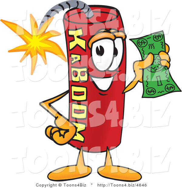 Vector Illustration of a Dynamite Stick Mascot Holding a Dollar Bill