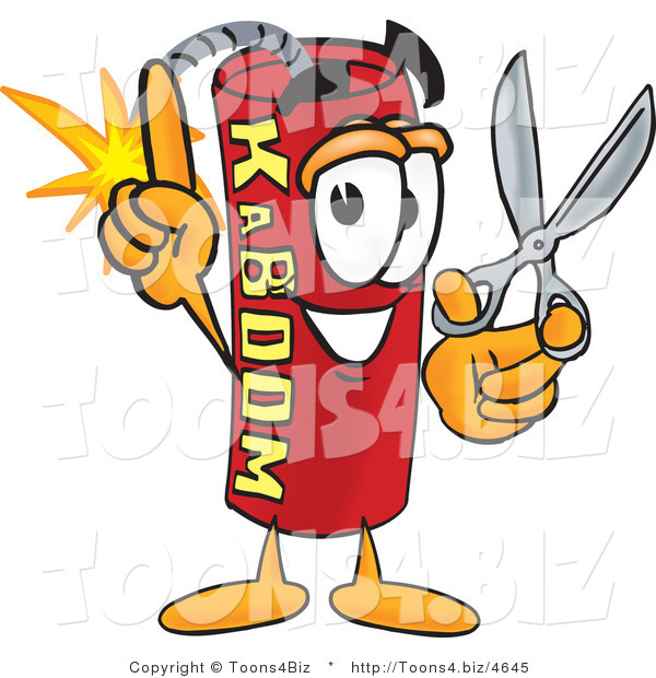 Vector Illustration of a Dynamite Stick Mascot Holding Scissors