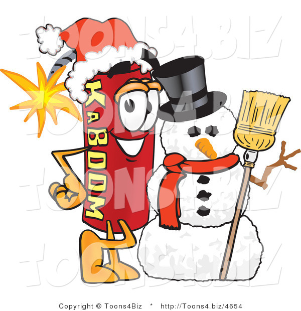 Vector Illustration of a Dynamite Stick Mascot with a Snowman on Christmas