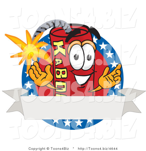 Vector Illustration of a Dynamite Stick Mascot with Stars and a Blank Ribbon Label