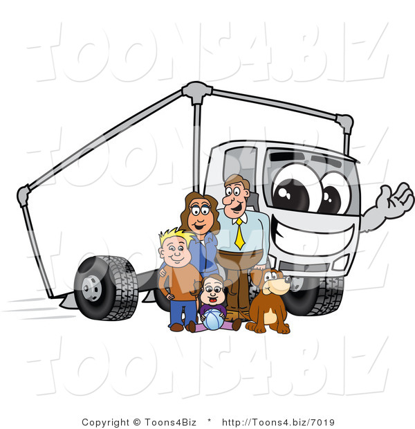 Vector Illustration of a Family Standing by a Waving Cartoon Delivery Truck Mascot