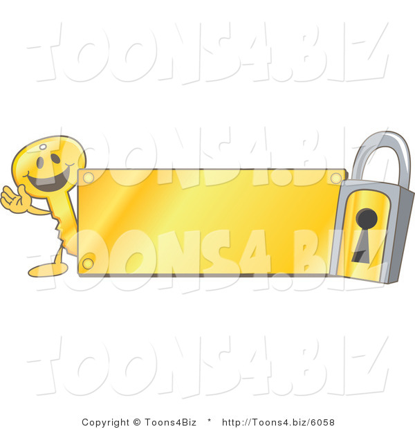 Vector Illustration of a Gold Cartoon Key Mascot and Padlock with a Gold Plate