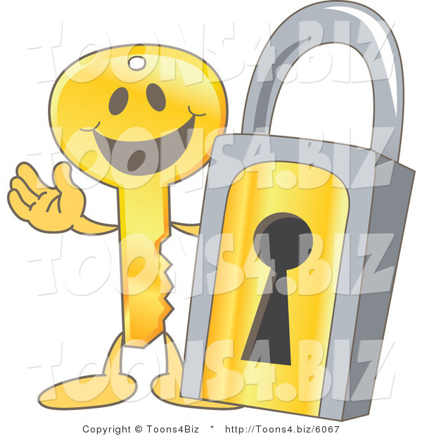 Vector Illustration of a Gold Cartoon Key Mascot by a Padlock