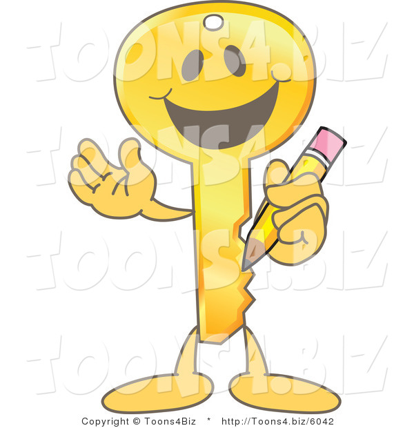 Vector Illustration of a Gold Cartoon Key Mascot Holding a Pencil
