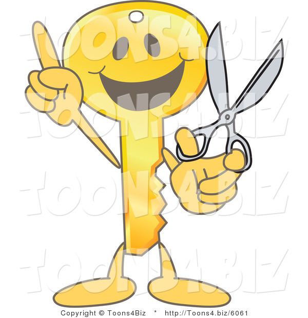 Vector Illustration of a Gold Cartoon Key Mascot Holding Scissors