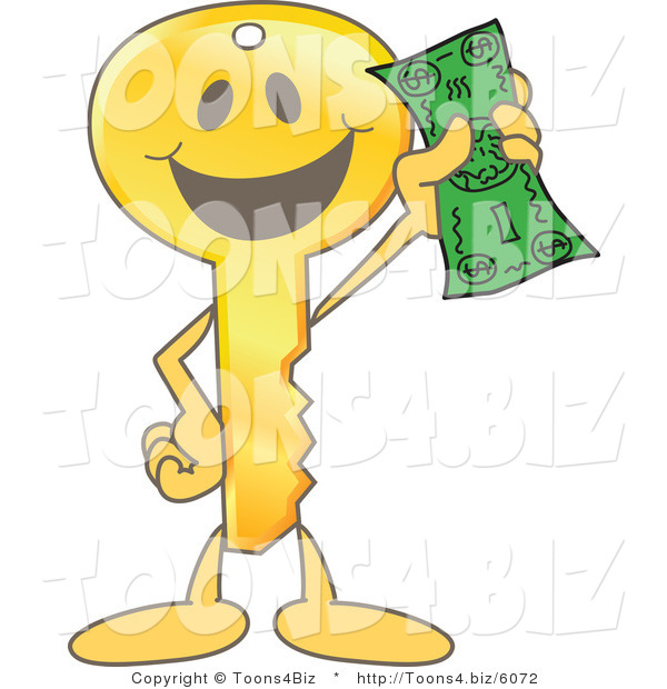 Vector Illustration of a Gold Cartoon Key Mascot Holding up a Dollar Bill