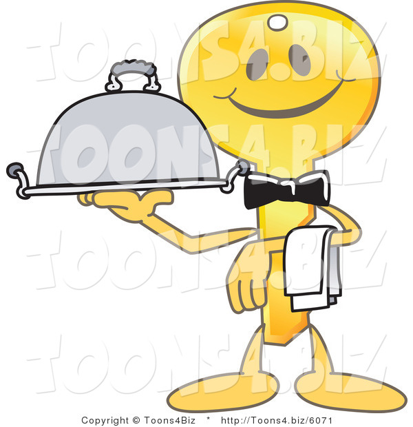 Vector Illustration of a Gold Cartoon Key Mascot Serving a Platter