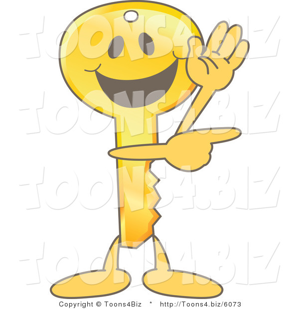 Vector Illustration of a Gold Cartoon Key Mascot Waving and Pointing