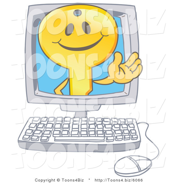 Vector Illustration of a Gold Cartoon Key Mascot Waving in a Computer Screen